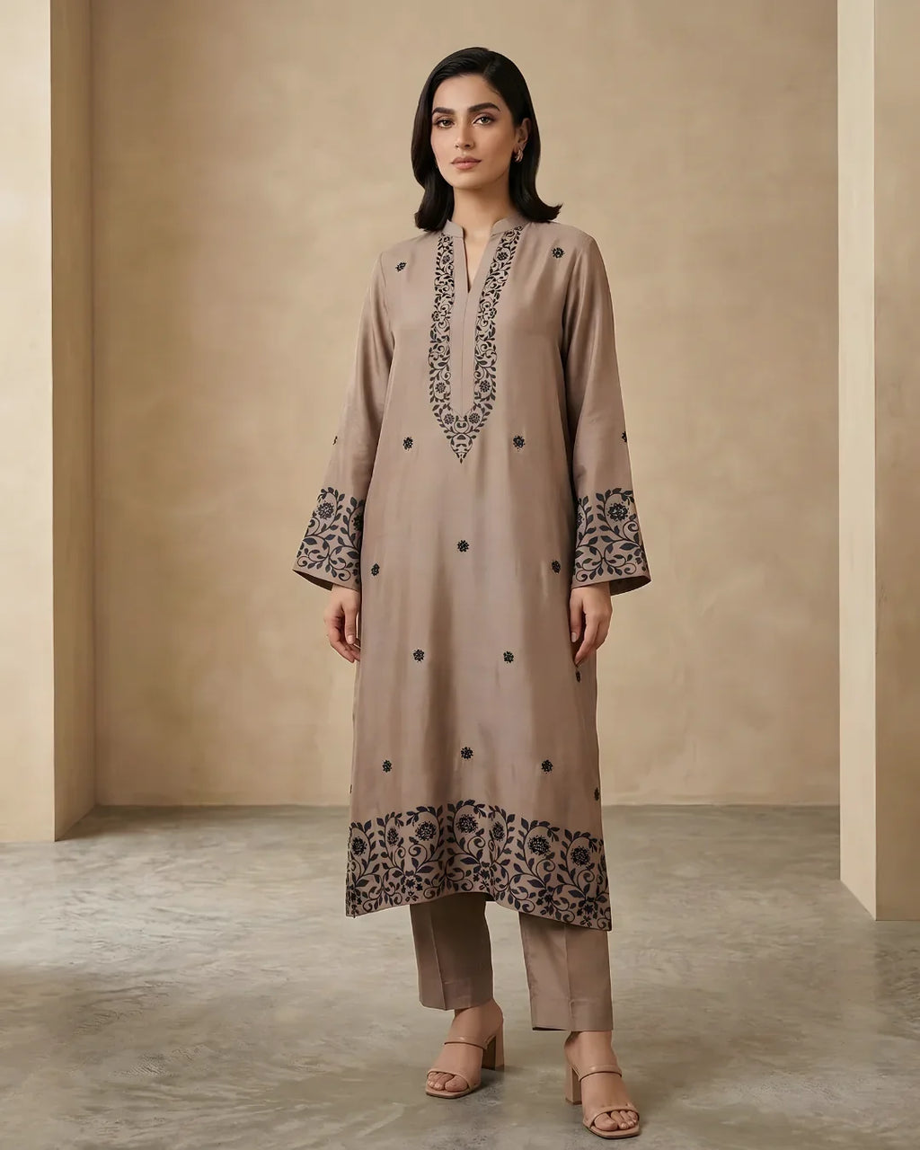 Coffee Brown Block Print Floral Jaal Loomnet Kurta