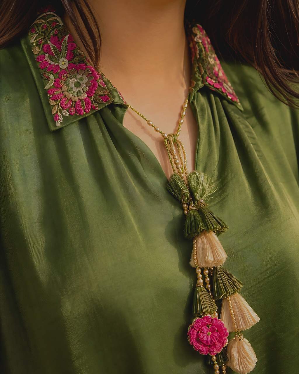 Forest Green Multicolour Hand Embroidered Shamboz Silk Set