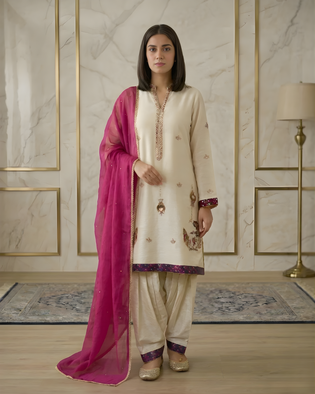 Off White Cotton Net 3-Piece Suit with Gold Arri & Tassel Work