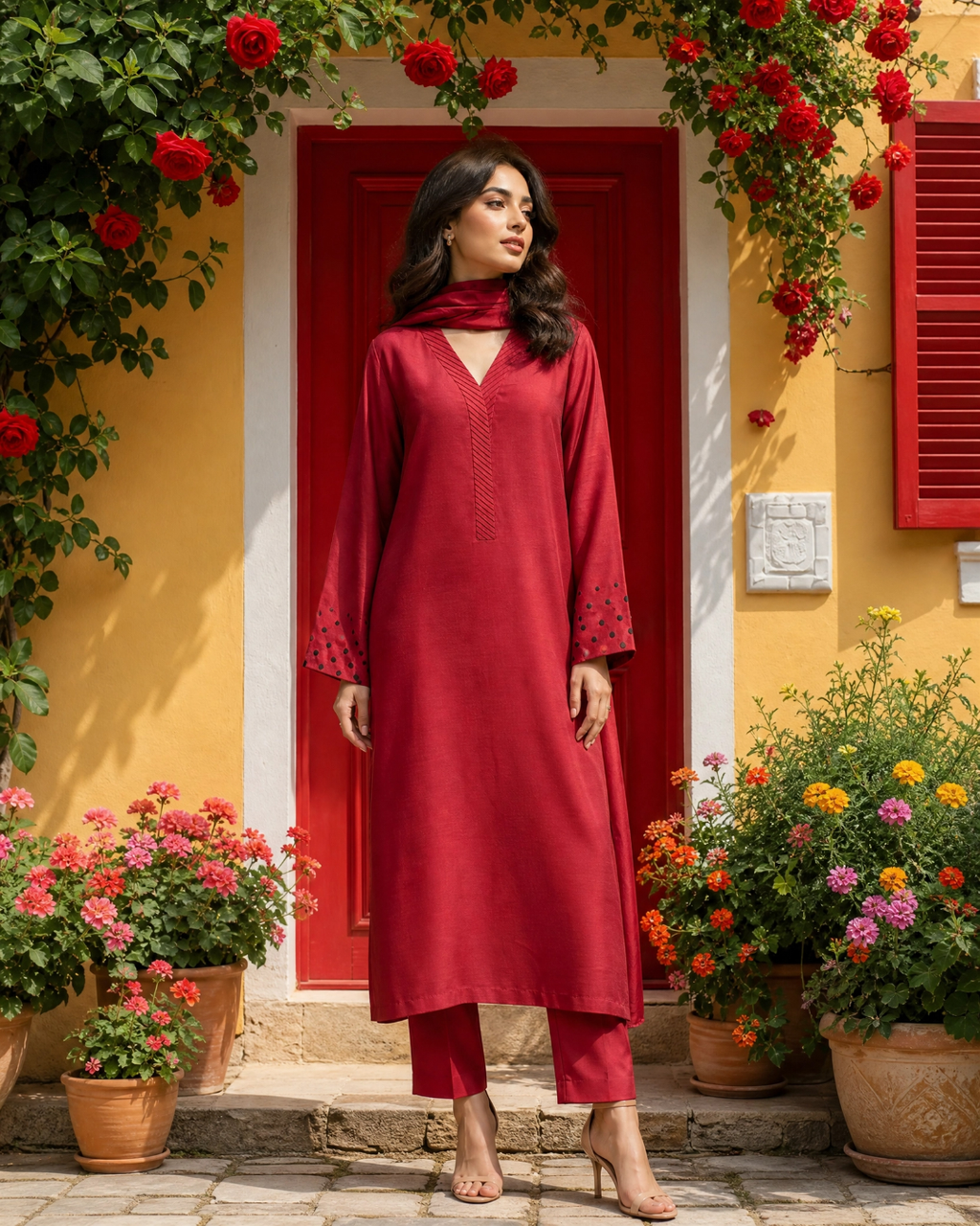 Red Tussel Silk Ankar Tanka Embroidered Kurta Set