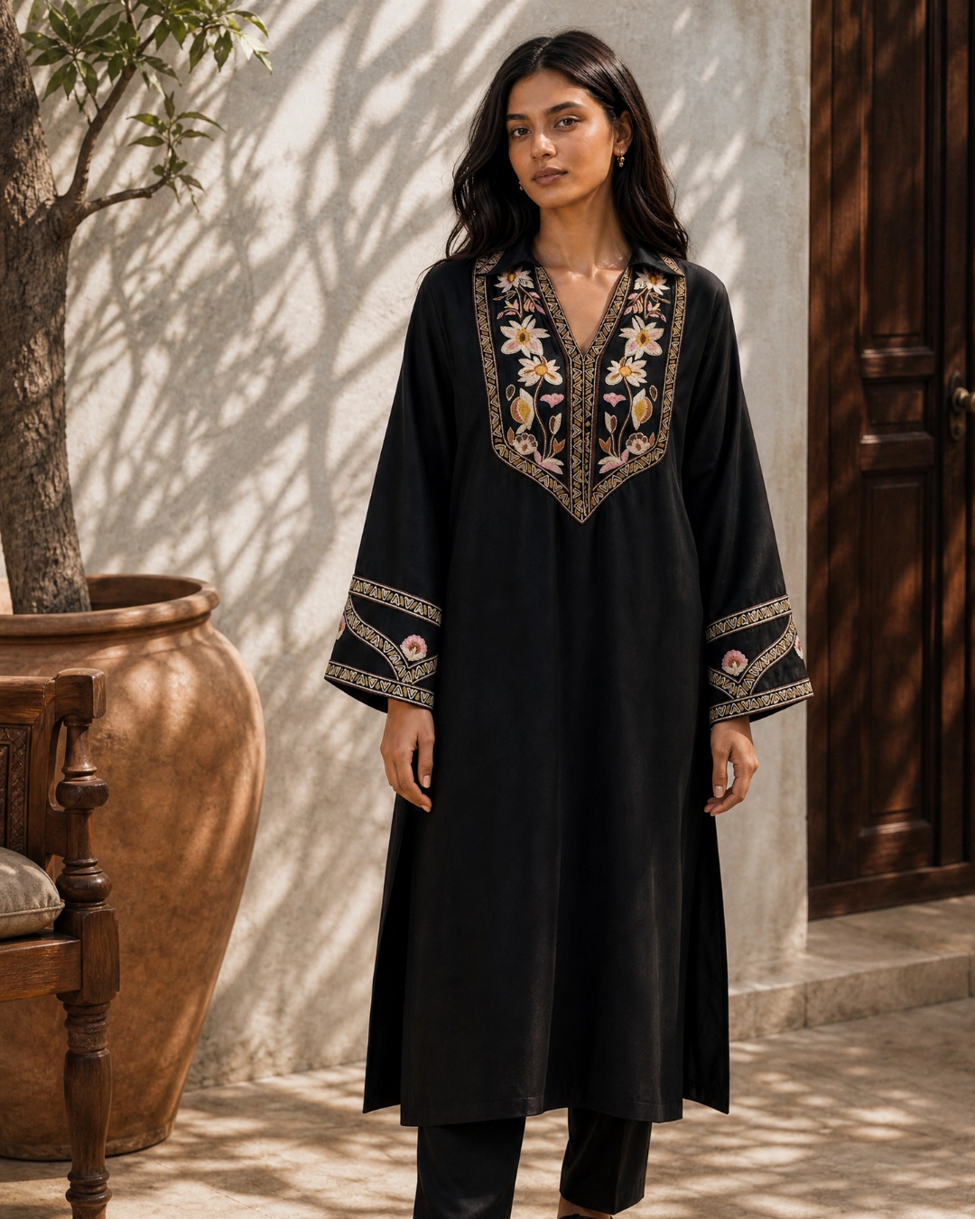 Black Floral Yoke Hand Embroidered Loomnet Kurta Set