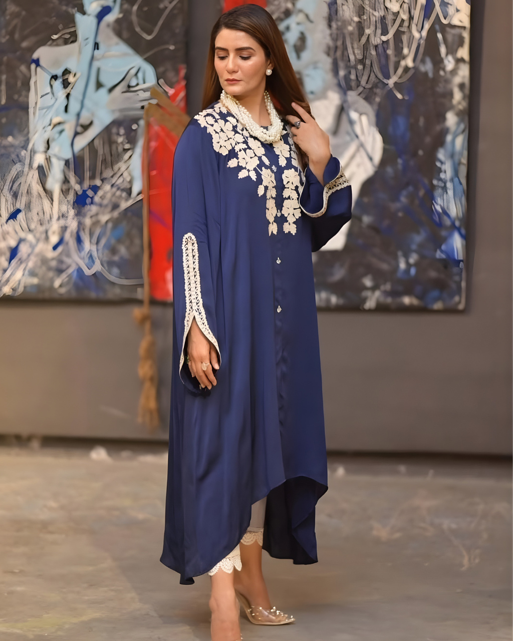 Navy Blue 3D Floral Applique Silk Kaftan