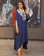 Navy Blue 3D Floral Applique Silk Kaftan