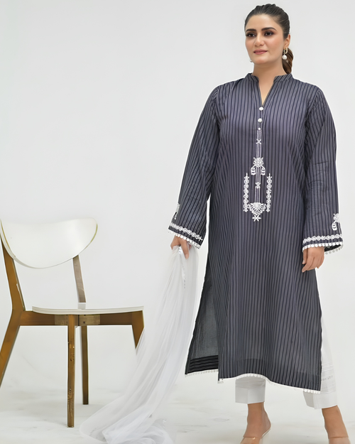 Black & White Striped Lawn Kurta with Mandarin Collar