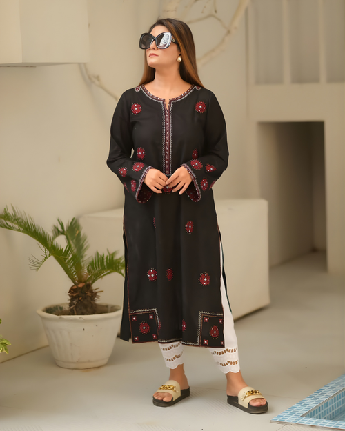 Black Chicken Lawn Mirror Work Floral Embroidered Kurta