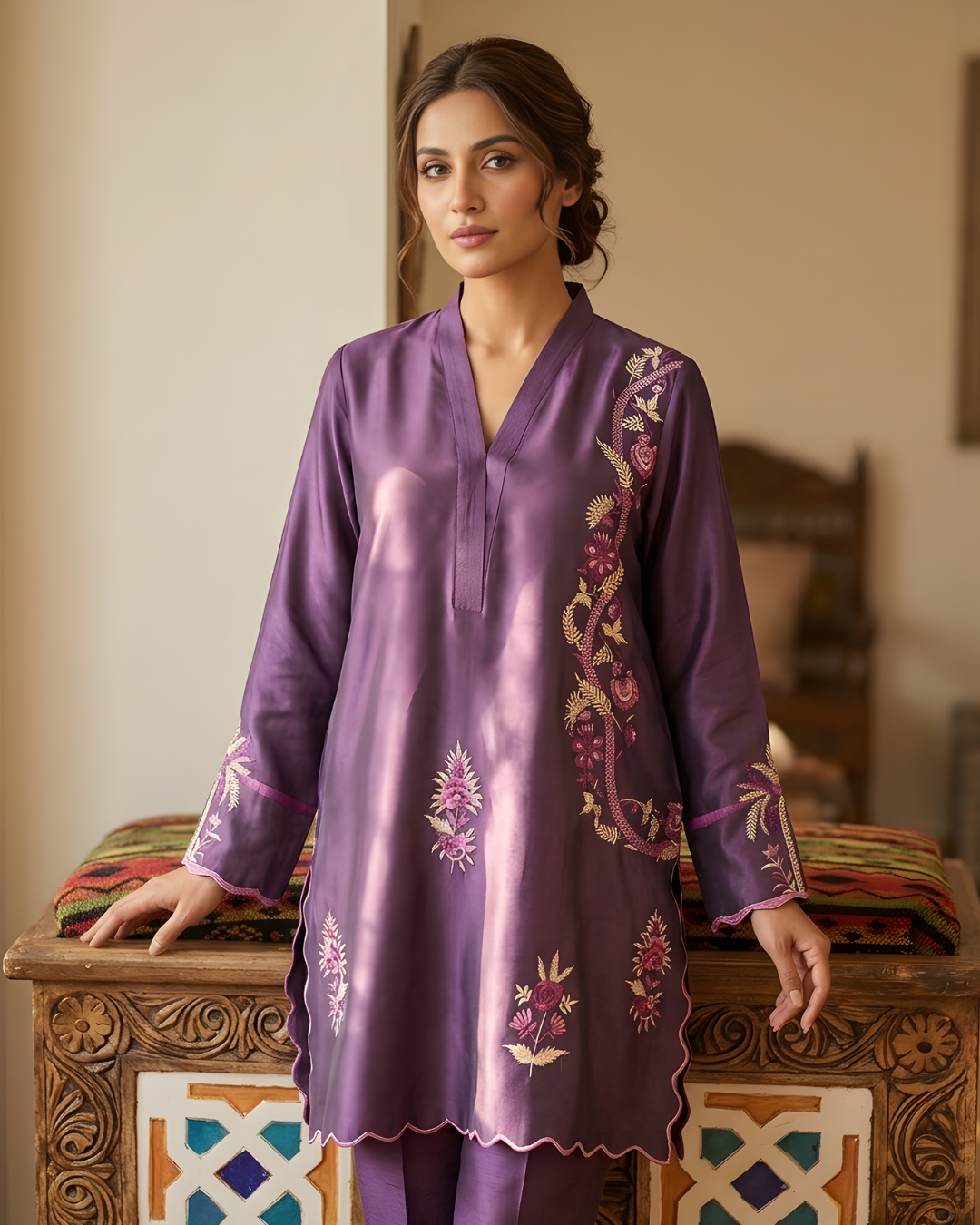 Purple Floral Vine Embroidered Scalloped Loomnet Kurta