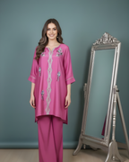 Pink Loomnet Short Kurta & Palazzo Set