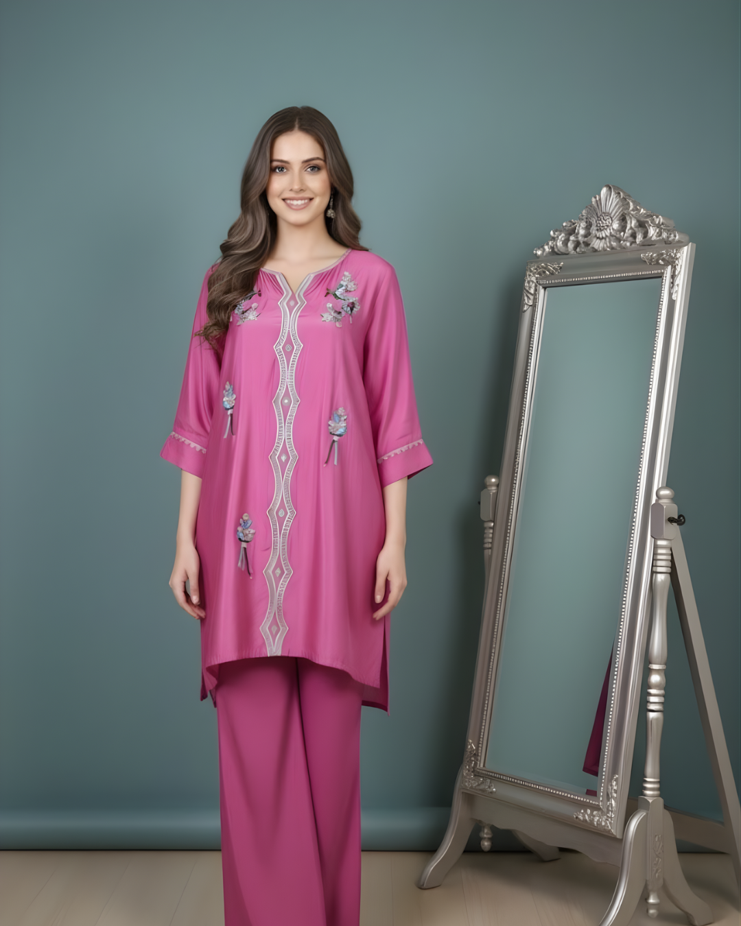 Pink Loomnet Short Kurta & Palazzo Set