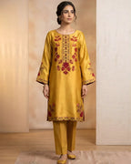 Mustard Patchwork Floral Yoke Tussel Silk Kurta Set