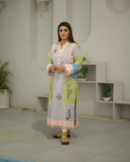 Pastel Colour Block Floral Embroidered Scalloped Lawn Dress