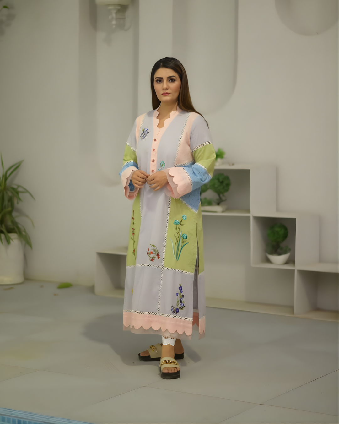 Pastel Colour Block Floral Embroidered Scalloped Lawn Dress
