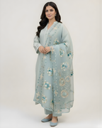 Aquamarine Crochet Lace Pintuck Silk 3-Piece Suit