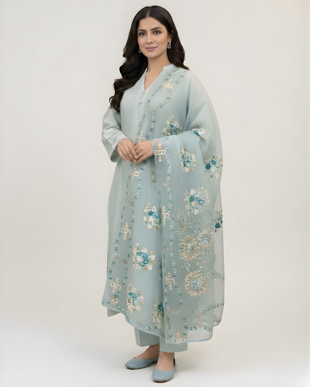Aquamarine Crochet Lace Pintuck Silk 3-Piece Suit
