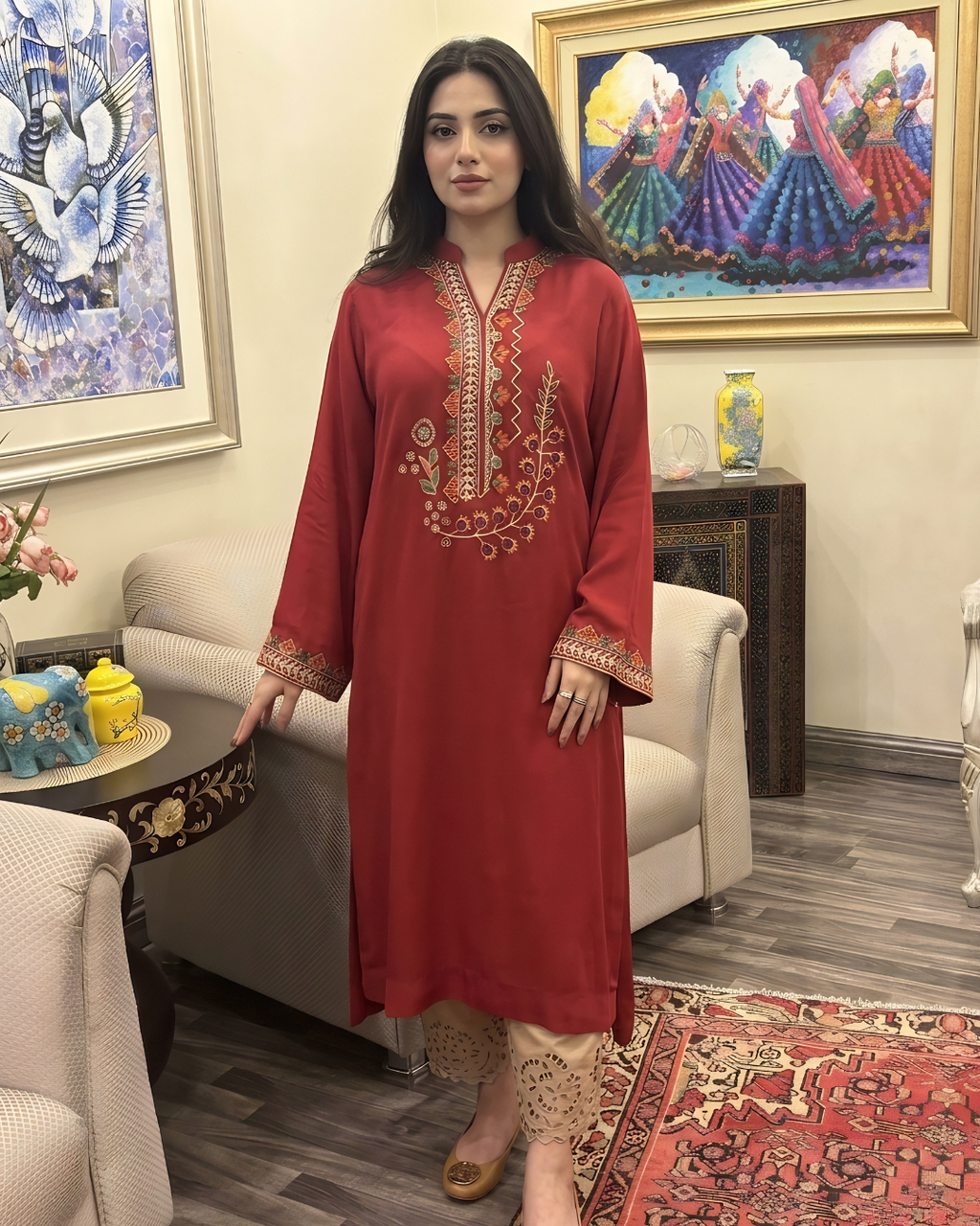2-Piece Red Korean Chiffon Hand Embroidered Box Pleat
