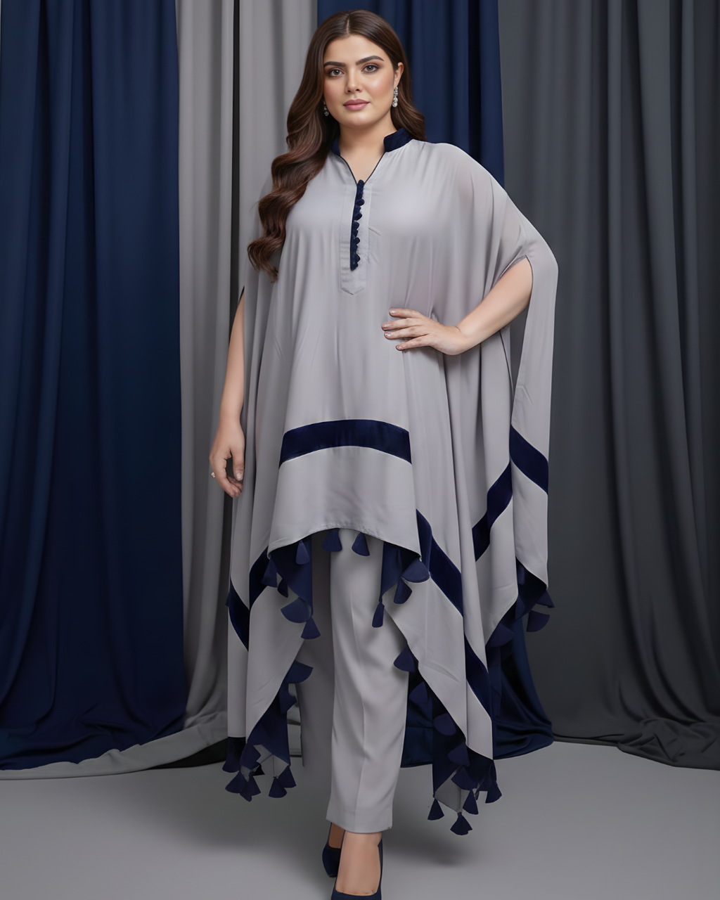 Silver Silk & Velvet Kaftan with Navy Button Tassel Trim