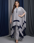 Silver Silk & Velvet Kaftan with Navy Button Tassel Trim