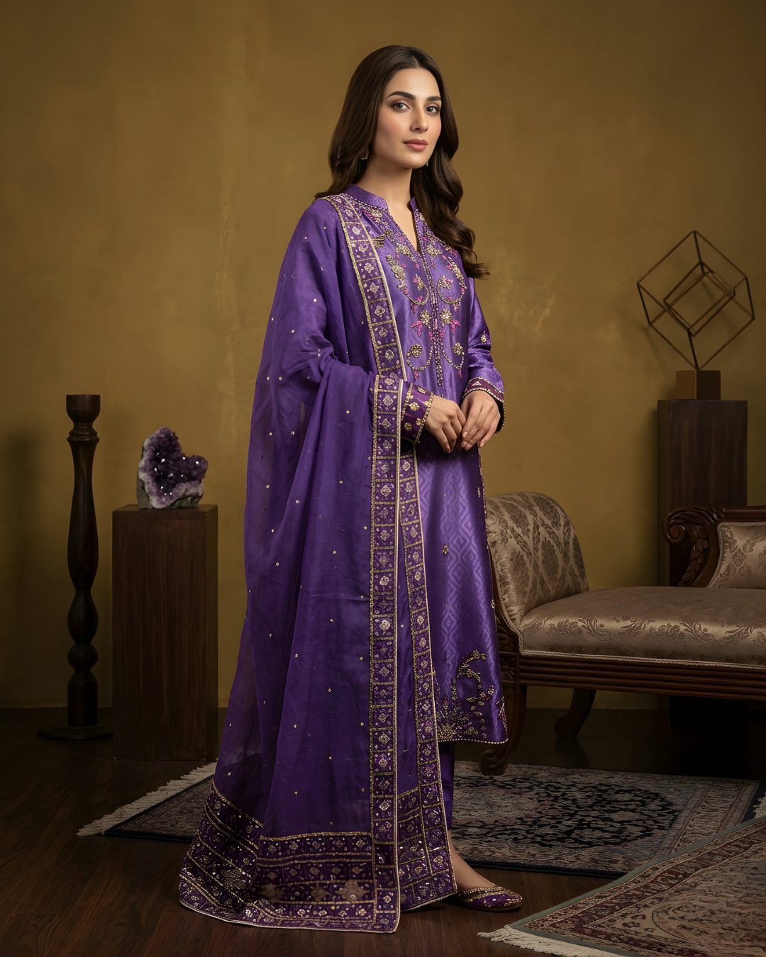 Purple Gold Pink Marori Embroidered Tussel Silk 3-Piece Suit