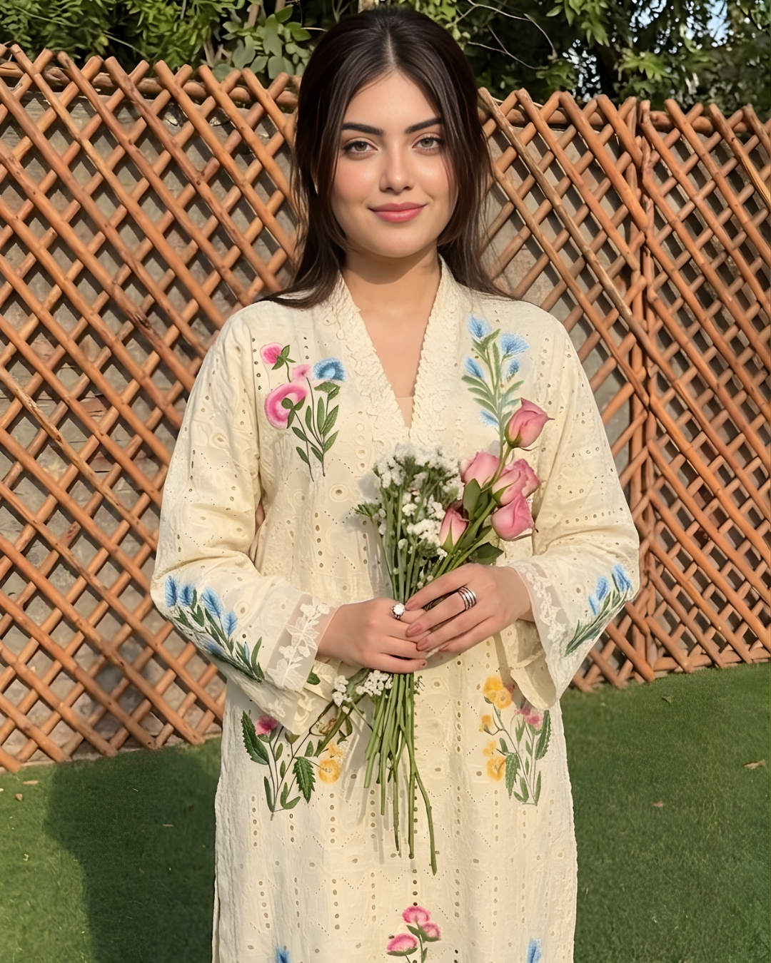 Off White Schiffli Cutwork Chicken Lawn Embroidered Kurta