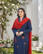 Navy Blue Rust Patchwork Geometric Silk Lawn Kurta