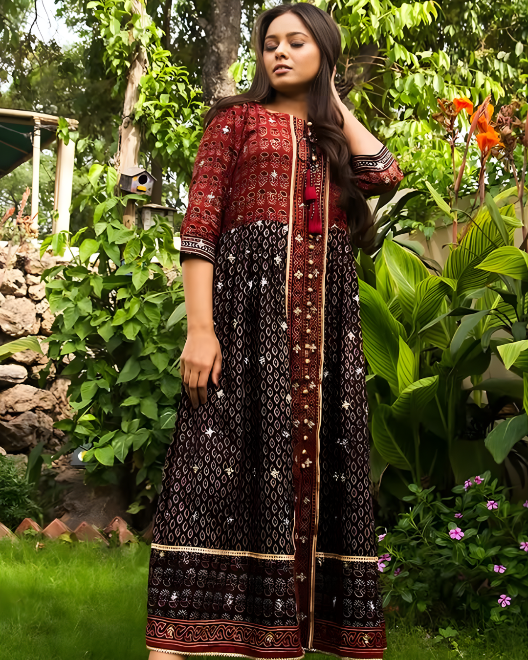 Black & Red Ajrak Block Print Mirror Work Long Shirt