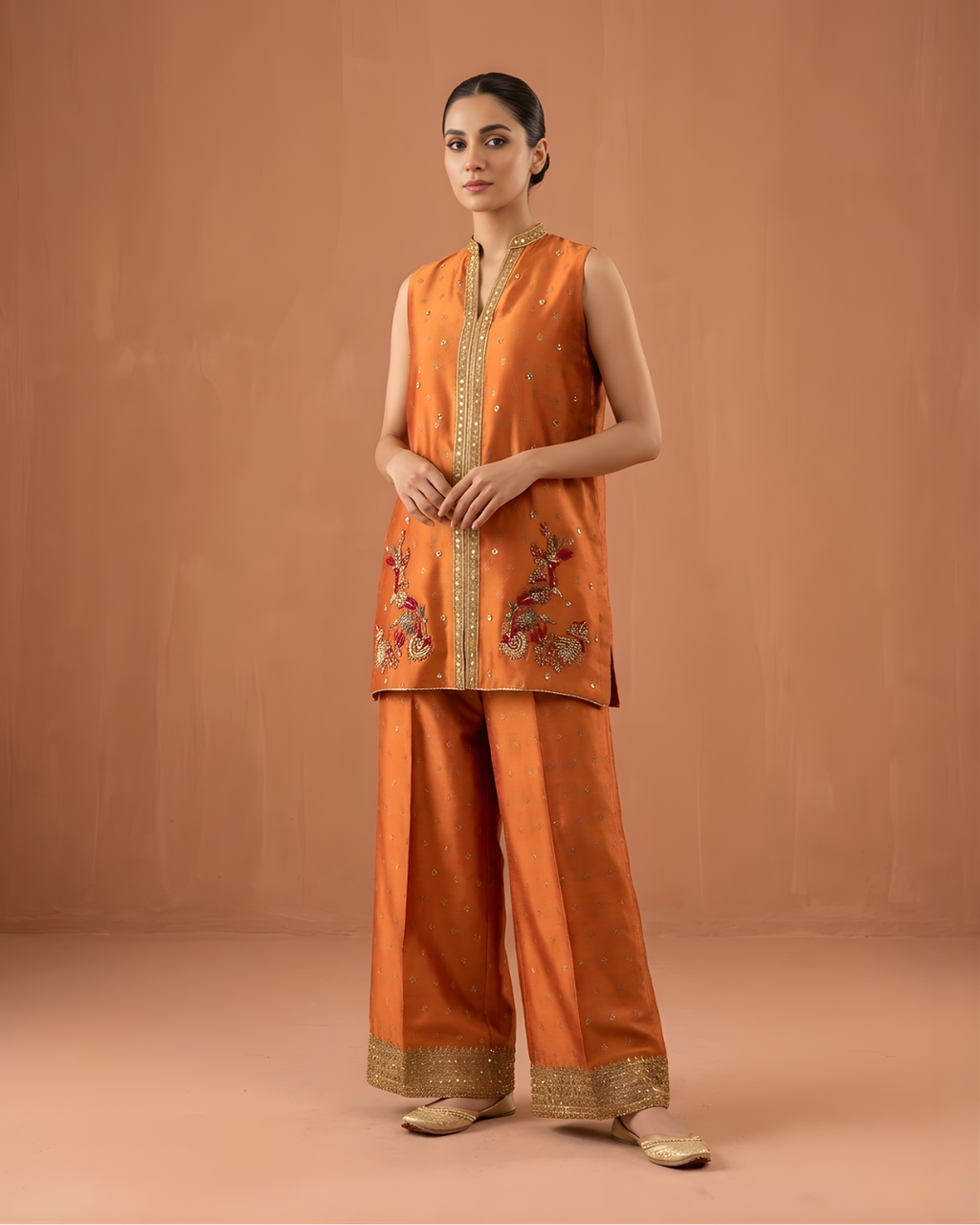 Orange Sleeveless Gold Tilla Embroidered Loomnet Kurta Set