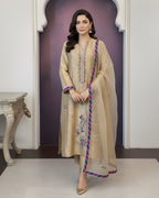 Gold Jamawar 3-Piece Suit with Cora Dabka & Pearl Embroidery
