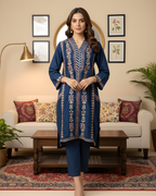 Navy Blue Gold Arri Embroidered Floral Panel Loomnet Kurta