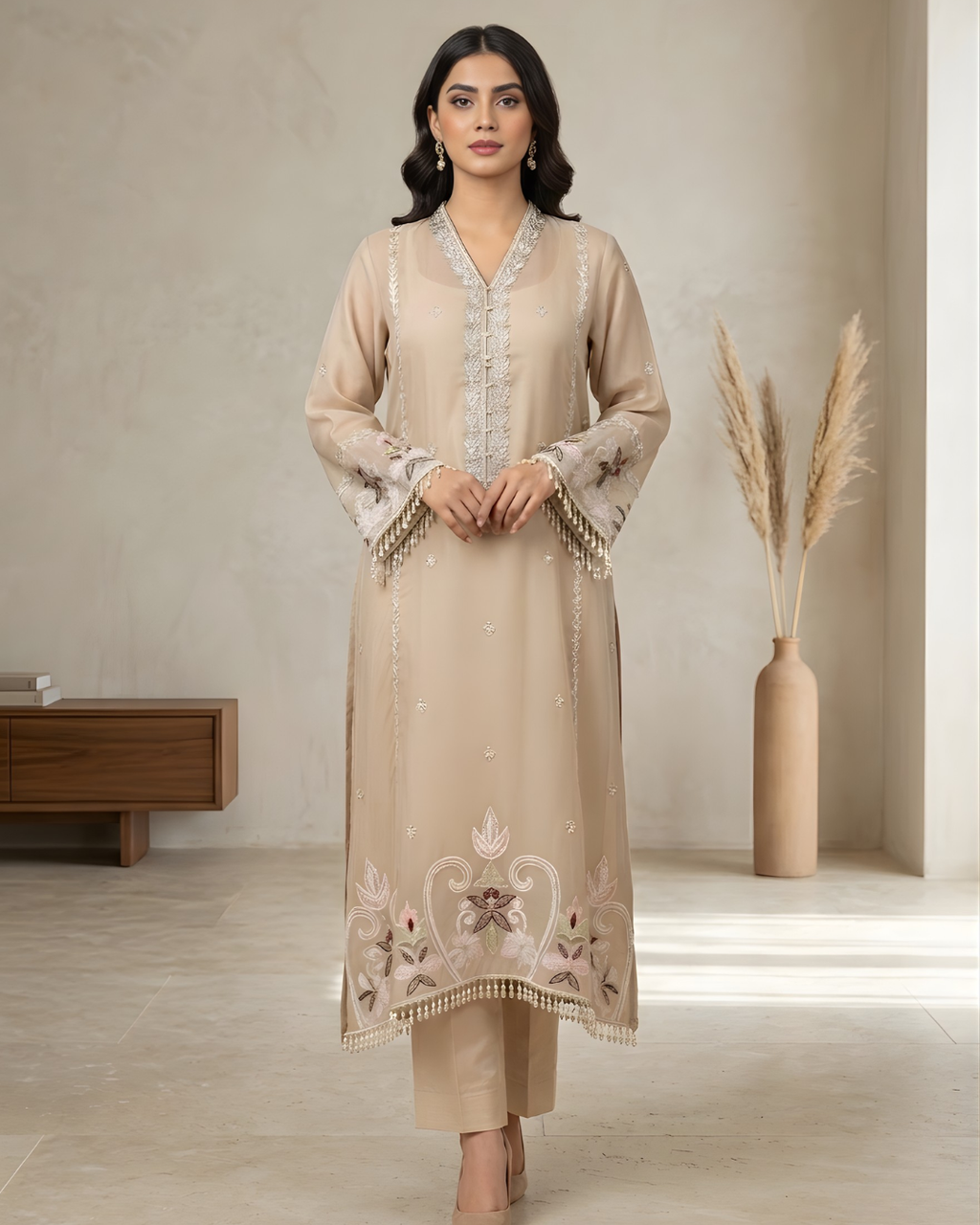 Beige Arri Embroidered Silk Lawn Kurta with Pearl Tassel
