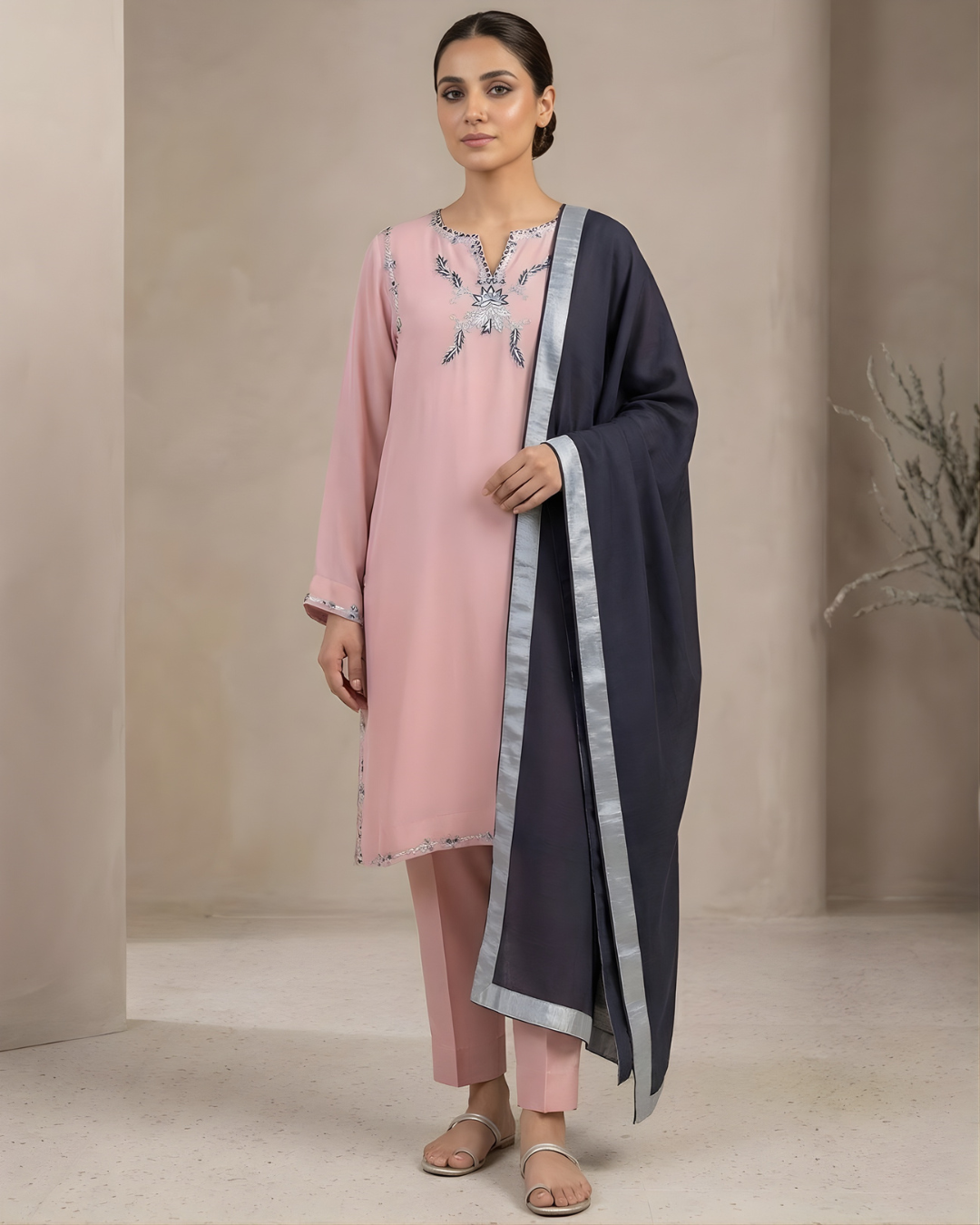 Hand Embroidered Korean Chiffon 3-Piece Suit