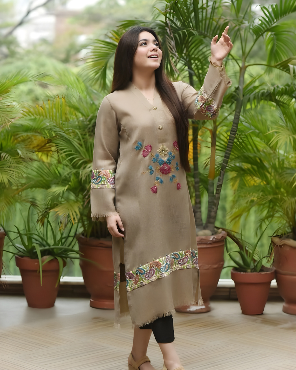 Fawn Pashmina Kurta with Pink Adda Handwork & Floral Embroidery
