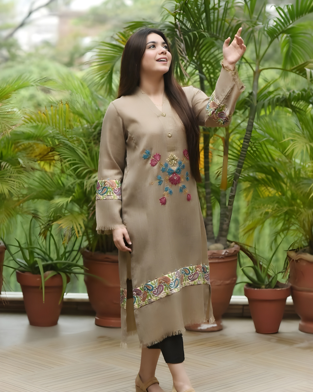 Fawn Pashmina Kurta with Pink Adda Handwork & Floral Embroidery