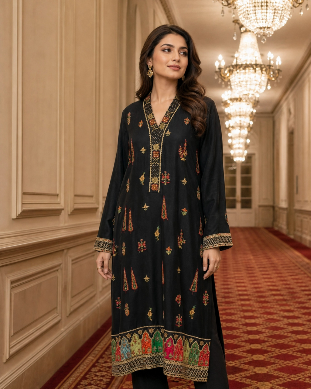 Black 2-Piece Loomnet Kurta Set with Digital Print Border
