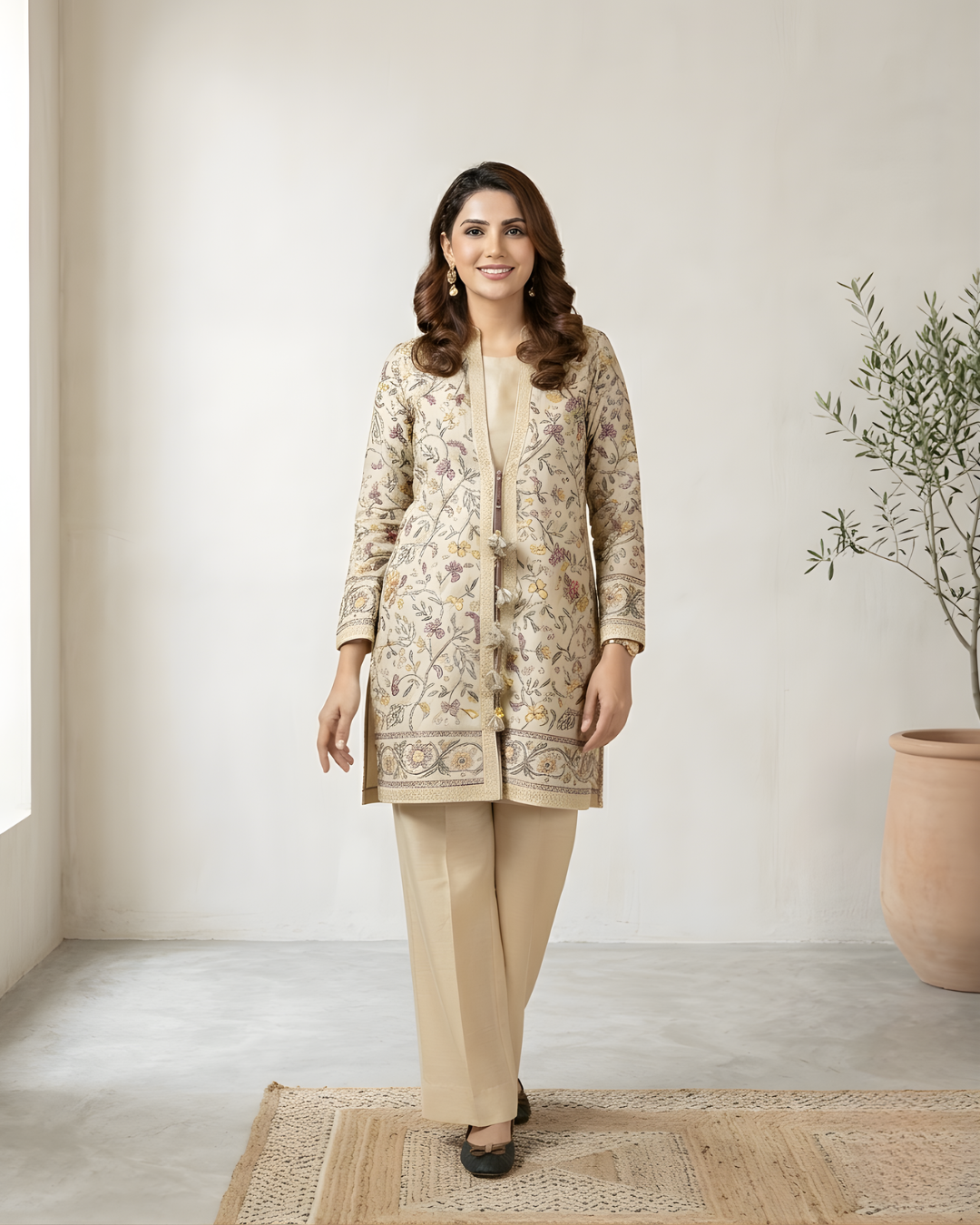 Fawn Kantha Printed Loomnet Jacket & Trouser Set
