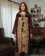 Cream & Maroon Velvet Hand Embroidered Floral Jaal Kurta Set