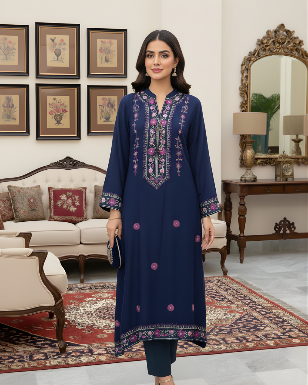 Navy Blue Pink Floral Embroidered Yoke Loomnet Kurta