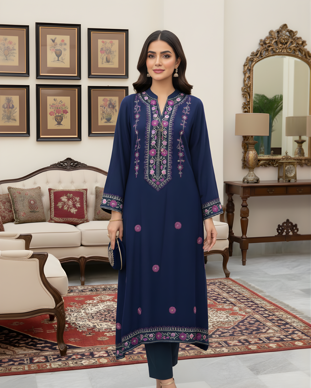 Navy Blue Pink Floral Embroidered Yoke Loomnet Kurta
