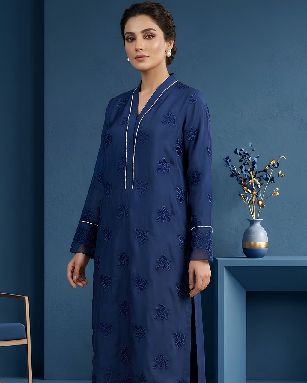 Navy Blue Tissue Silk Booti Embroidered Kurta Set