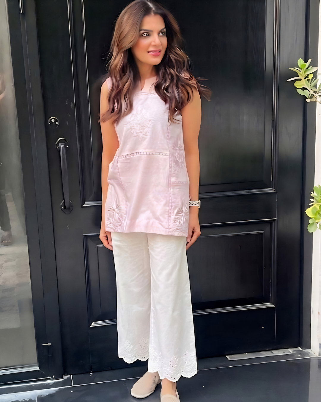 Pink Sleeveless Loomnet Hand Embroidered Kurta Set