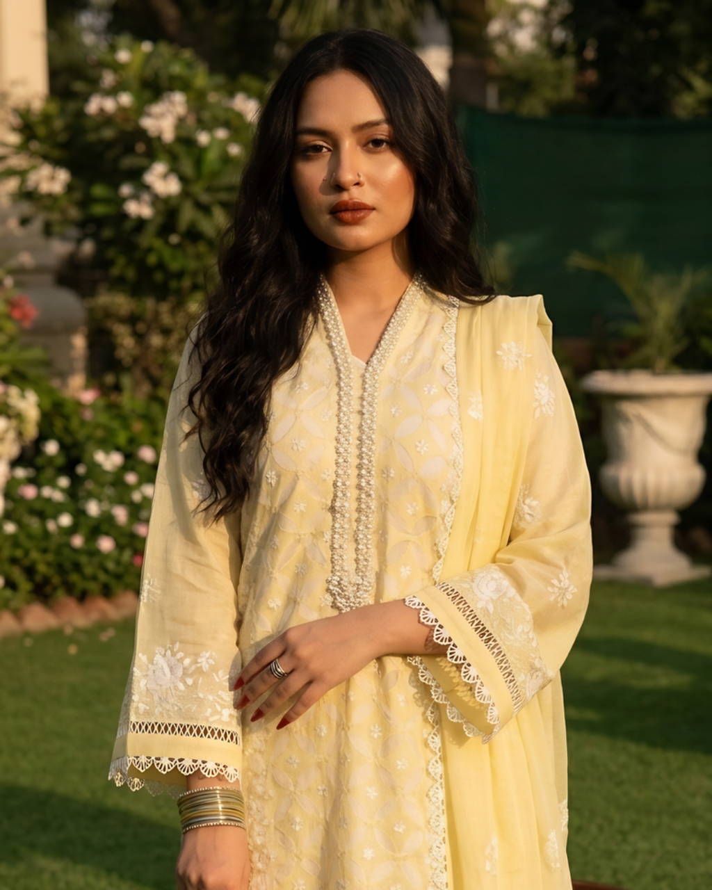 Yellow Hand Embroidered Geometric Ralli Silk Lawn Kurta Set