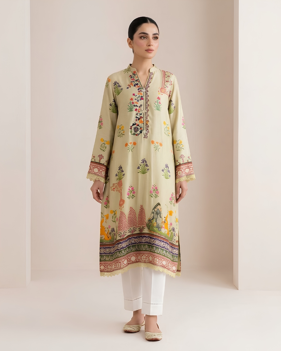 Olive Green Digital Print Loomnet Kurta