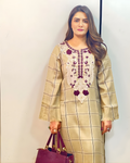 Beige Check Pashmina Kurta with Adda Embroidery & Fringed Cuffs