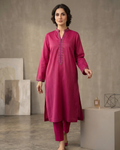 Magenta Striped Lawn Hand Embroidered Kurta