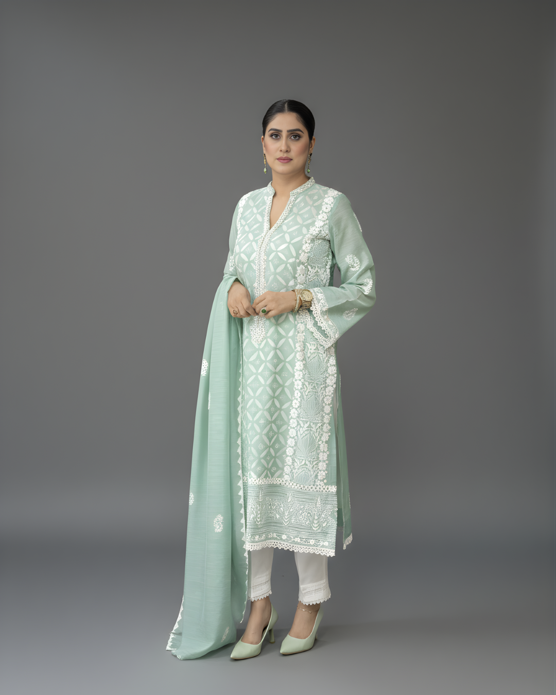 Light Teal Hand Embroidered Geometric Ralli Silk Lawn Kurta Set