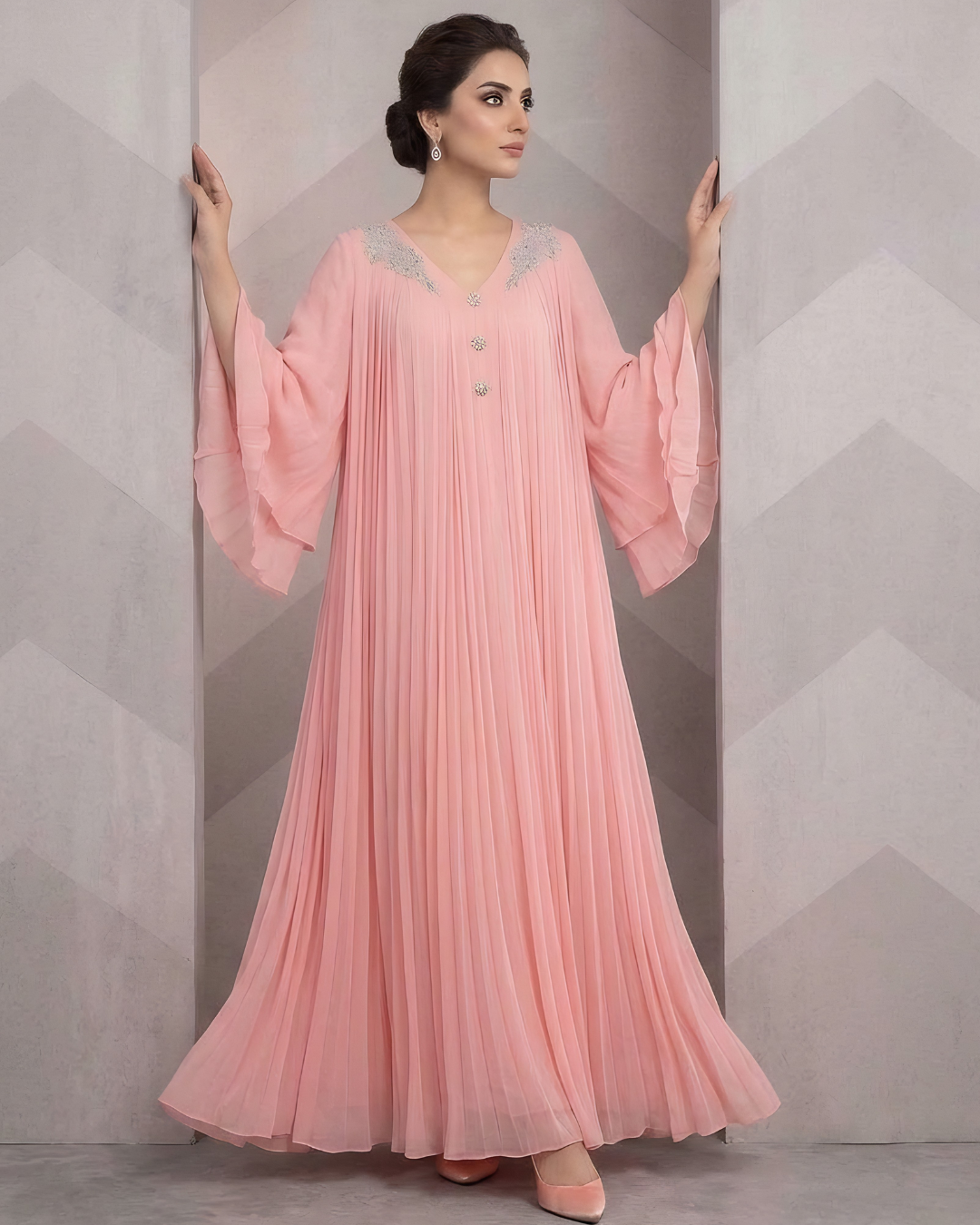 Pink Chiffon Embellished Shoulder Maxi Dress