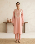 Pink and White Shaded Loomnet Embroidered Kurta