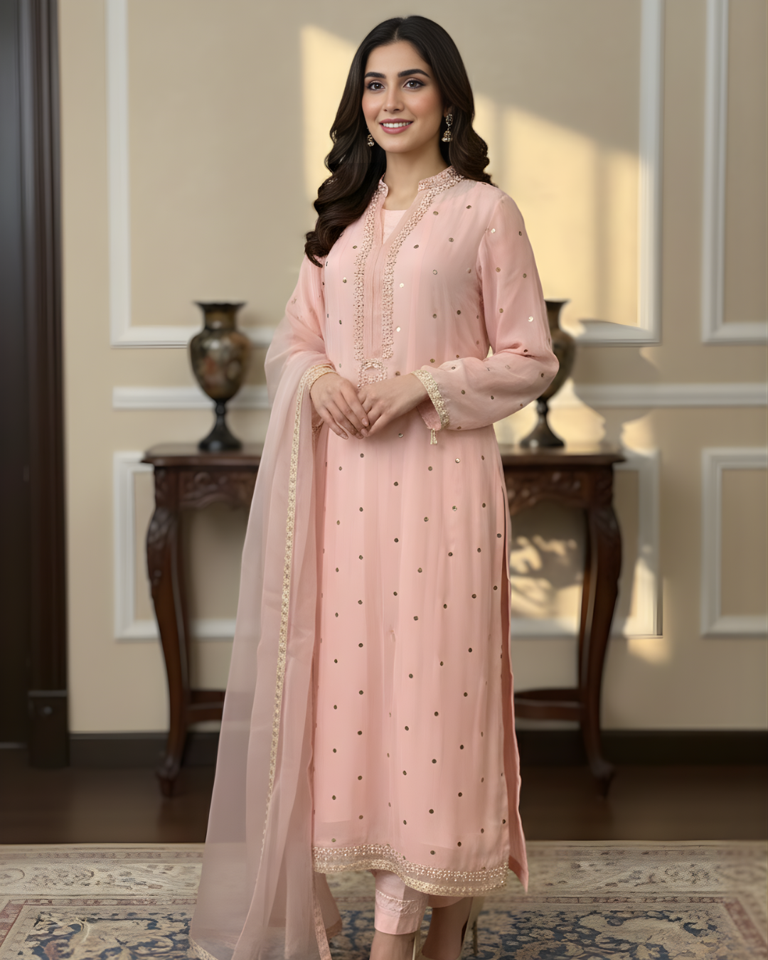 Light Pink Chiffon 3-Piece Set with Pearl & Gold Medallion Embroidery