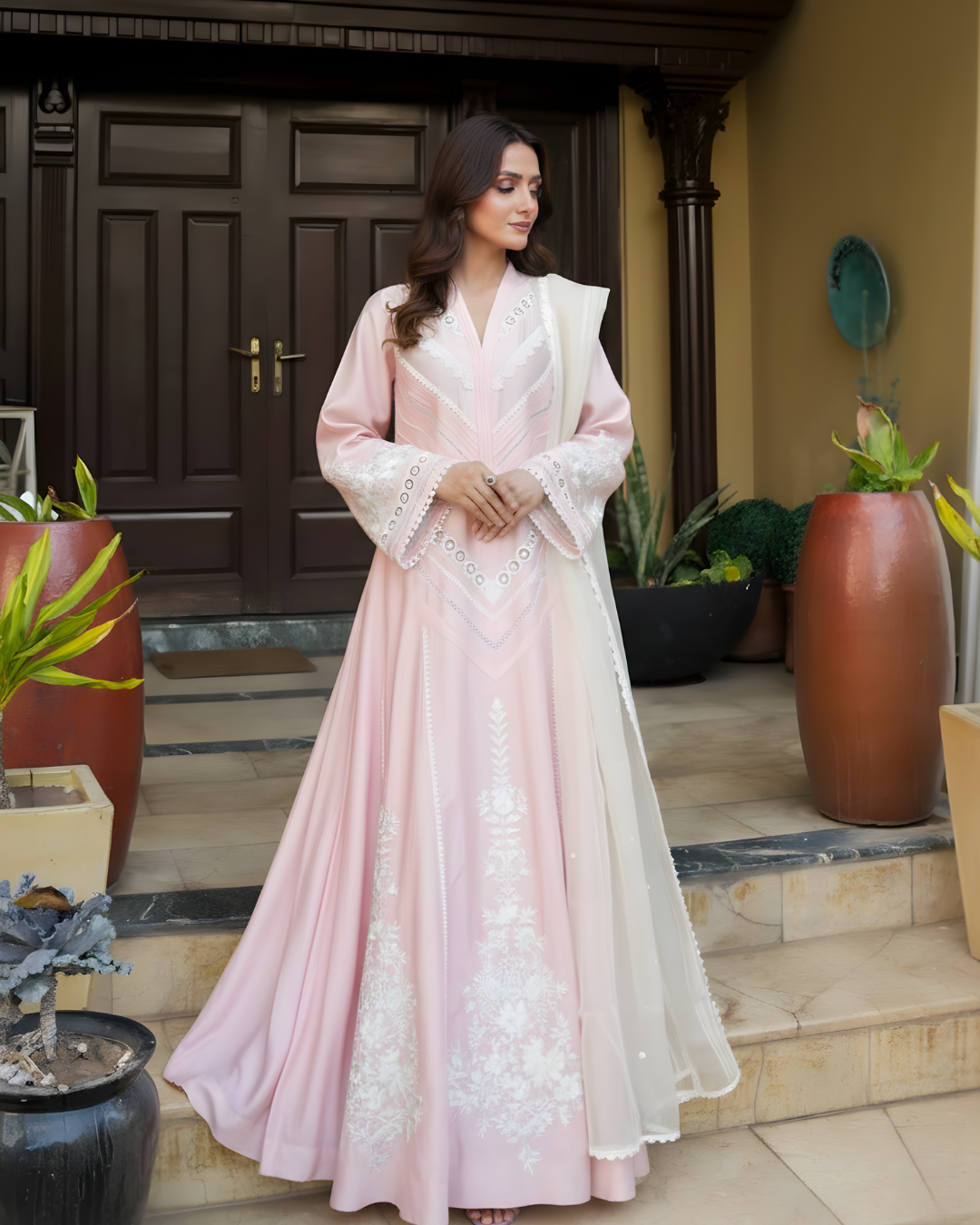 Pink Loomnet Flared Dress with Chevron Pleated Lace