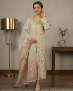 Ivory & Peach Tussel Silk 3-Piece Zardozi Embroidered Set