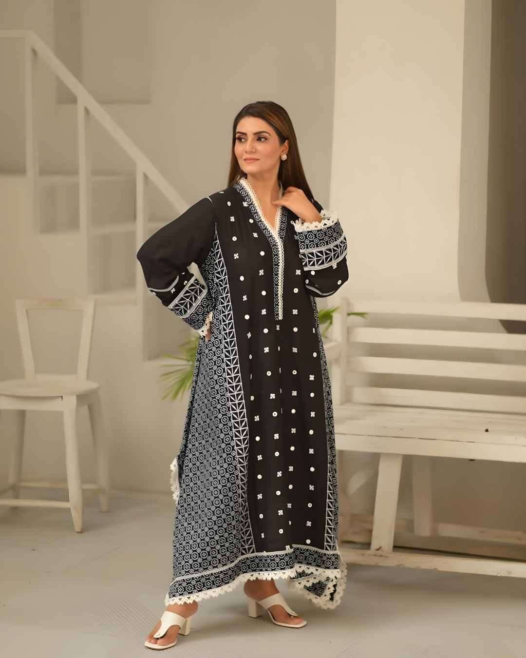 Black Mirror Work Cotton Embroidered Dress