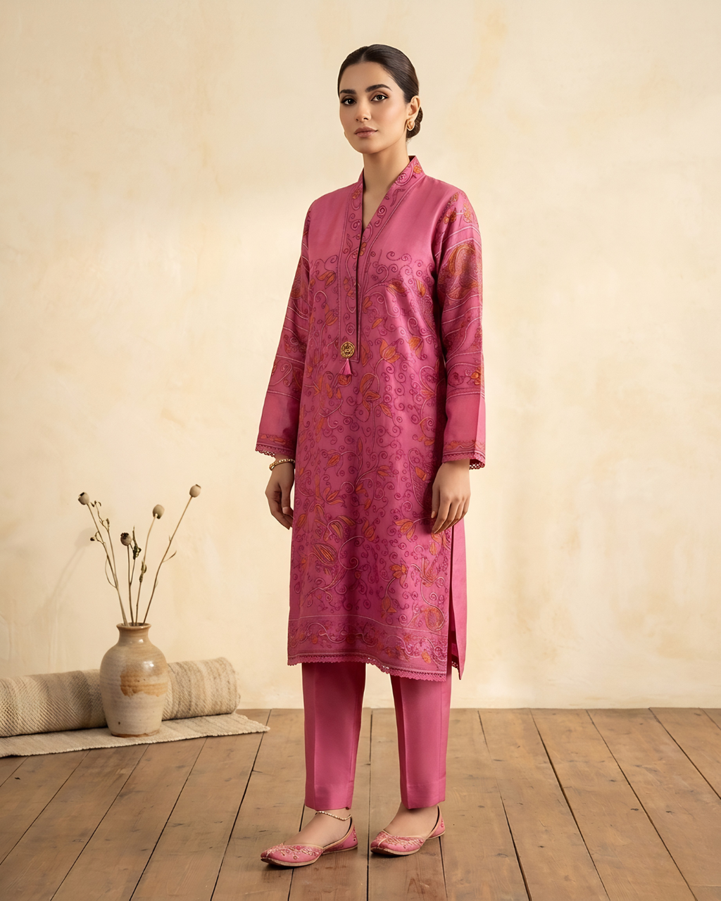Pink Silk Lawn Kanta Embroidered Kurta